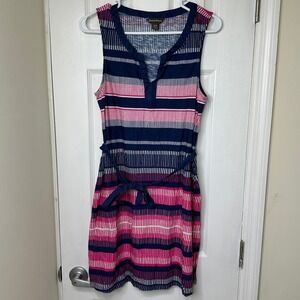 Tommy Bahama Womens Striped Sleeveless Split Neck Cotton Dress Navy Pink M